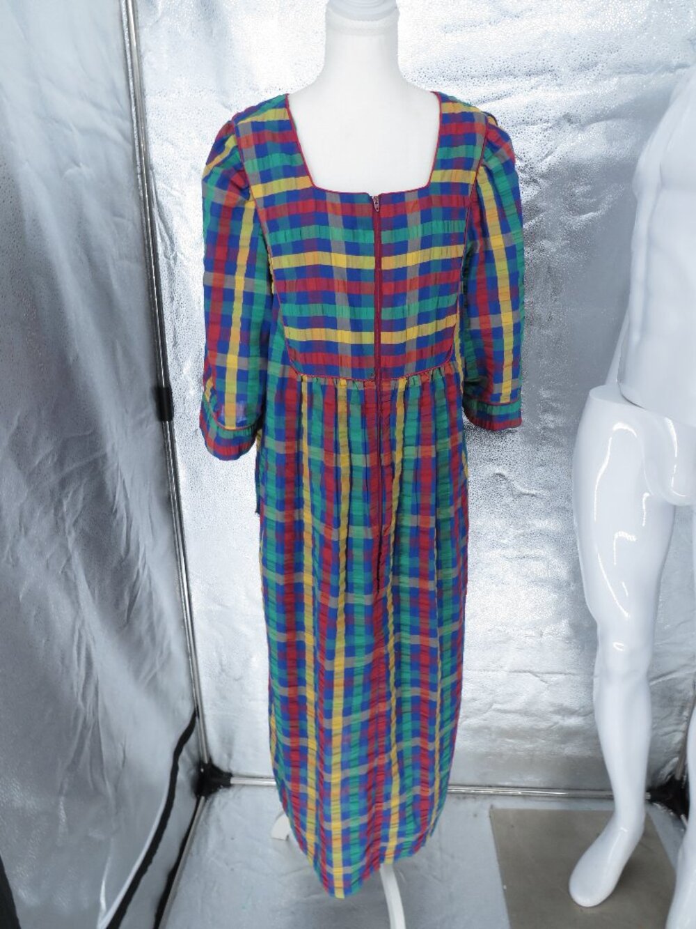 Vintage Plaid Maxi Dress Colorful Zip Up Kaftan Prairie Cottagecore Large XL